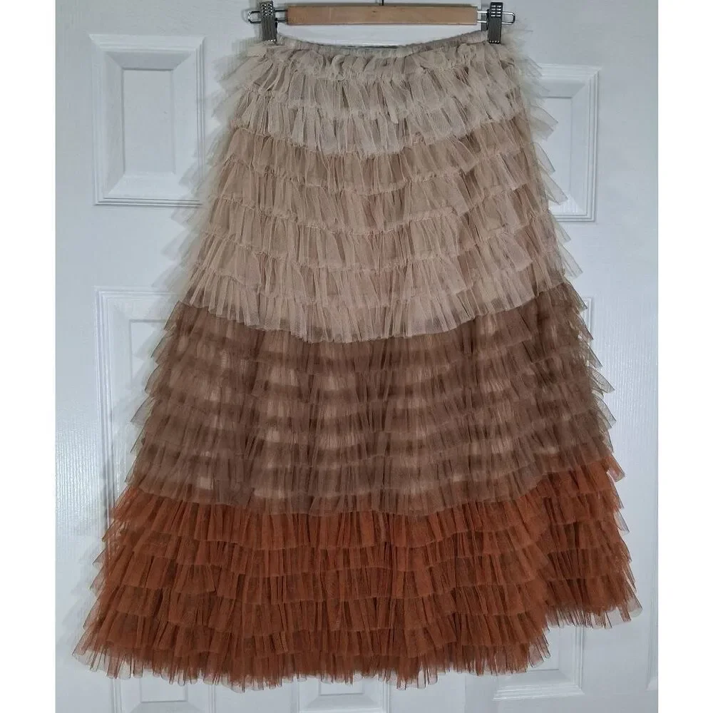 Aura womens medium maxi tulle long skirt tiered rust copper brown size 26 waist